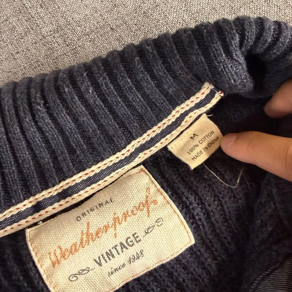 Weatherproof Vintage Men's Size M Navy Blue 100% Cotton Mock Neck Button Sweater